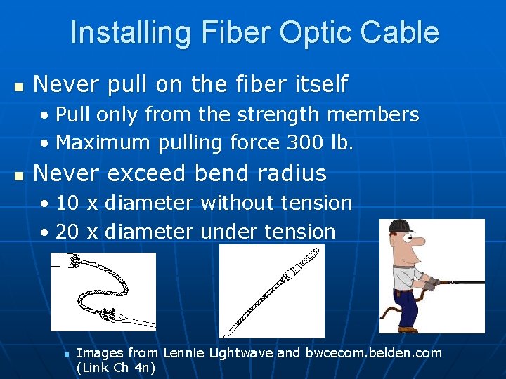 Installing Fiber Optic Cable n Never pull on the fiber itself • Pull only
