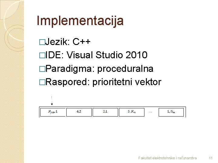 Implementacija �Jezik: C++ �IDE: Visual Studio 2010 �Paradigma: proceduralna �Raspored: prioritetni vektor Fakultet elektrotehnike