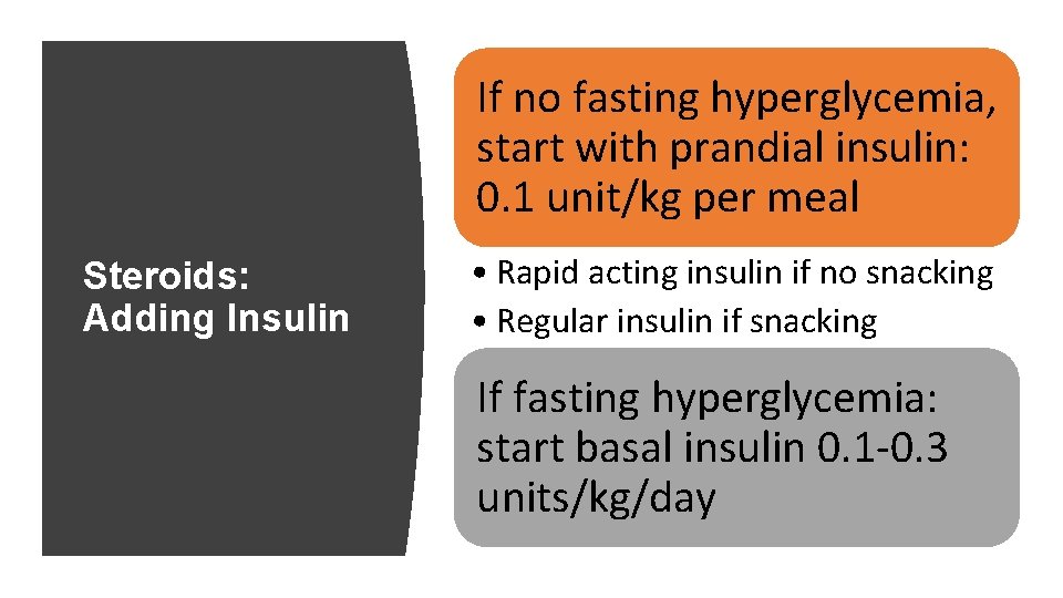 If no fasting hyperglycemia, start with prandial insulin: 0. 1 unit/kg per meal Steroids: