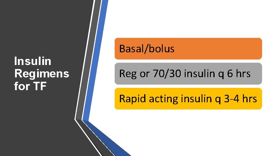 Insulin Regimens for TF Basal/bolus Reg or 70/30 insulin q 6 hrs Rapid acting