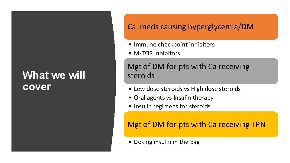 Ca meds causing hyperglycemia/DM • Immune checkpoint inhibitors • M-TOR inhibitors What we will