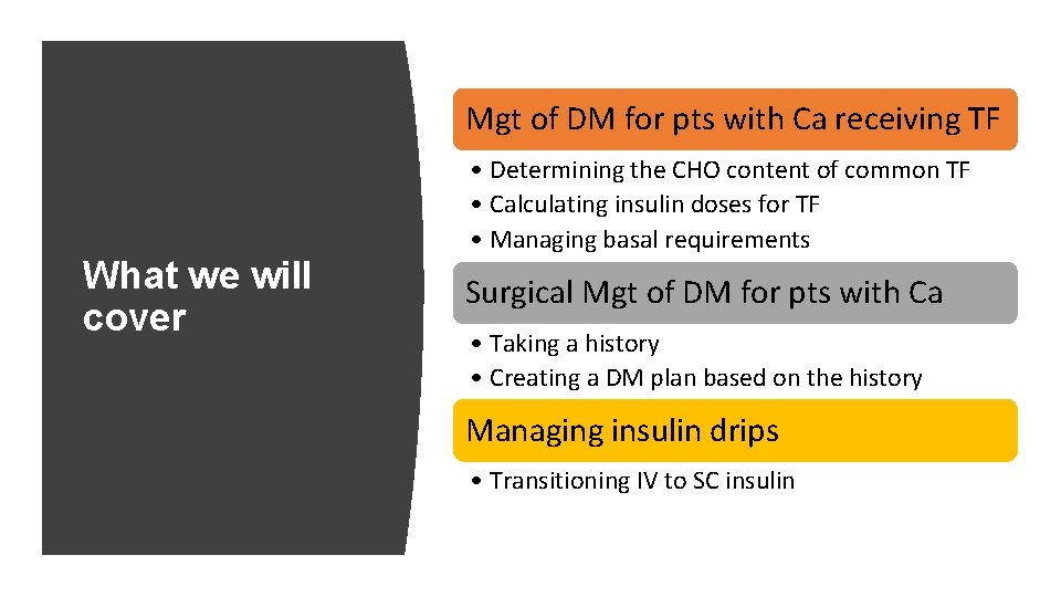 Mgt of DM for pts with Ca receiving TF What we will cover •