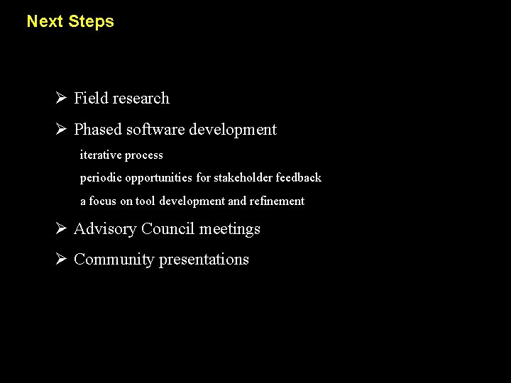 Next Steps Ø Field research Ø Phased software development iterative process periodic opportunities for