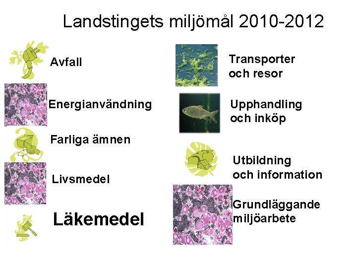 Landstingets miljömål 2010 -2012 Avfall Transporter och resor Energianvändning Upphandling och inköp Farliga ämnen