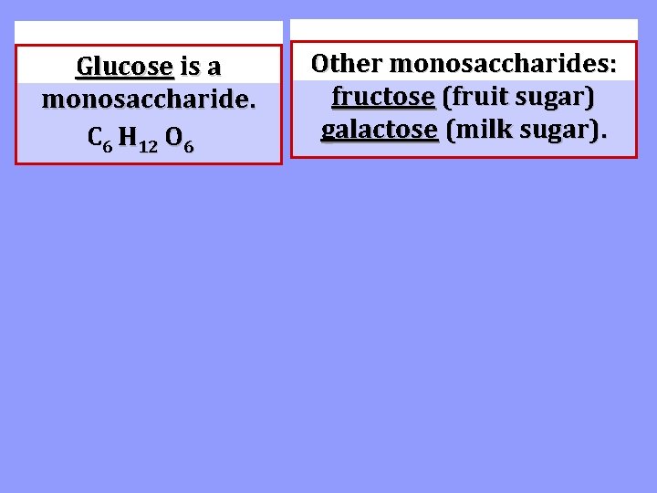Glucose is a monosaccharide. C 6 H 12 O 6 Other monosaccharides: fructose (fruit