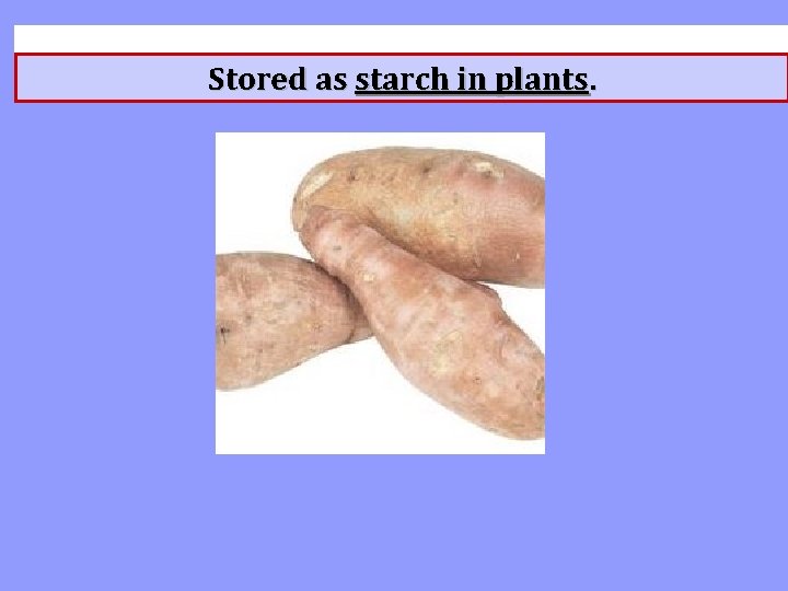 Stored as starch in plants. 