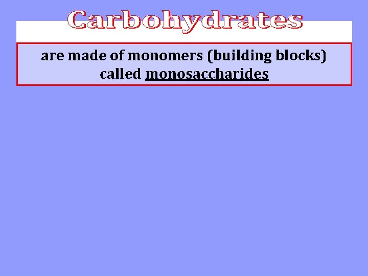 are made of monomers (building blocks) called monosaccharides 