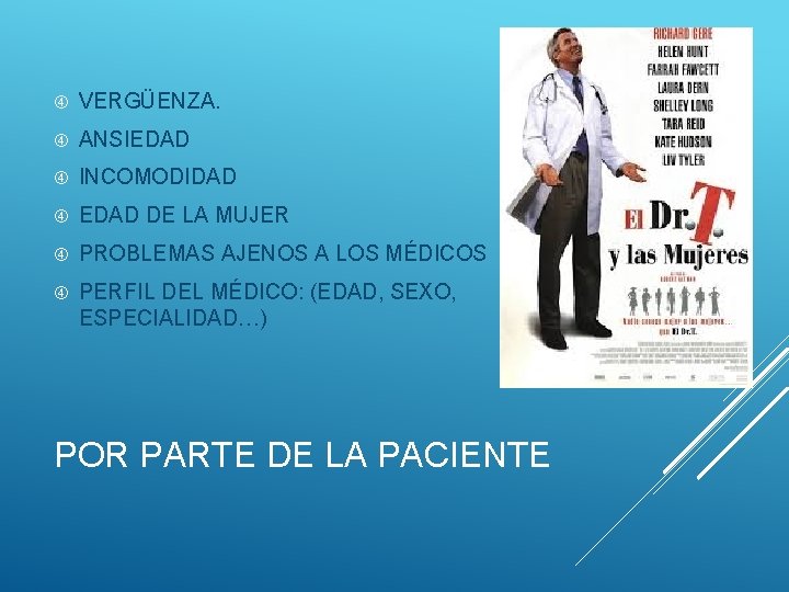  VERGÜENZA. ANSIEDAD INCOMODIDAD EDAD DE LA MUJER PROBLEMAS AJENOS A LOS MÉDICOS PERFIL