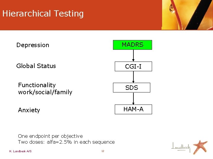 Hierarchical Testing MADRS Depression Global Status CGI-I Functionality work/social/family SDS HAM-A Anxiety One endpoint