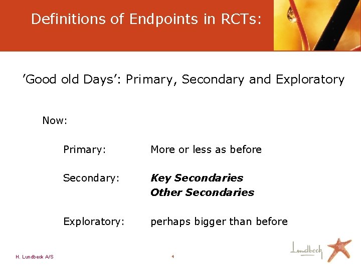 Definitions of Endpoints in RCTs: ’Good old Days’: Primary, Secondary and Exploratory Now: H.