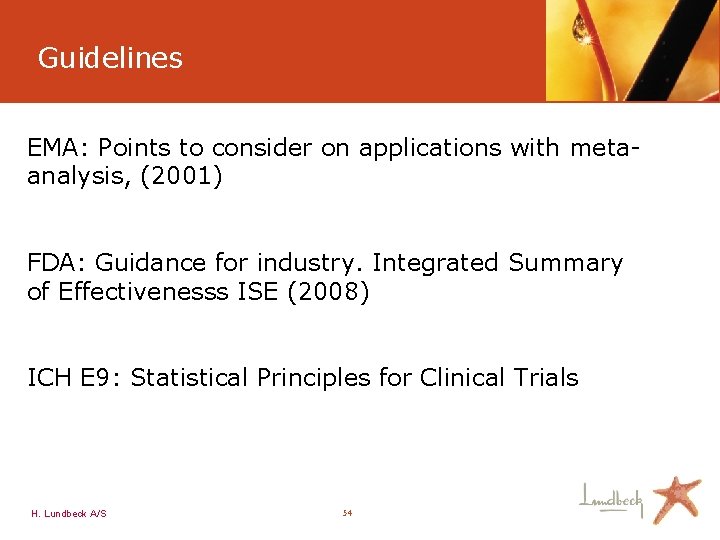 Guidelines EMA: Points to consider on applications with metaanalysis, (2001) FDA: Guidance for industry.