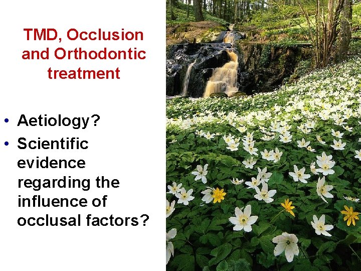 TMD, Occlusion and Orthodontic treatment • Aetiology? • Scientific evidence regarding the influence of