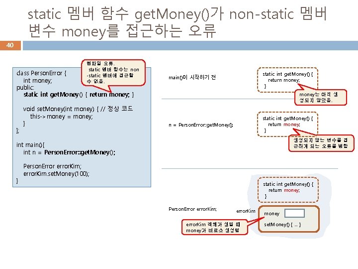 static 멤버 함수 get. Money()가 non-static 멤버 변수 money를 접근하는 오류 40 컴파일 오류.