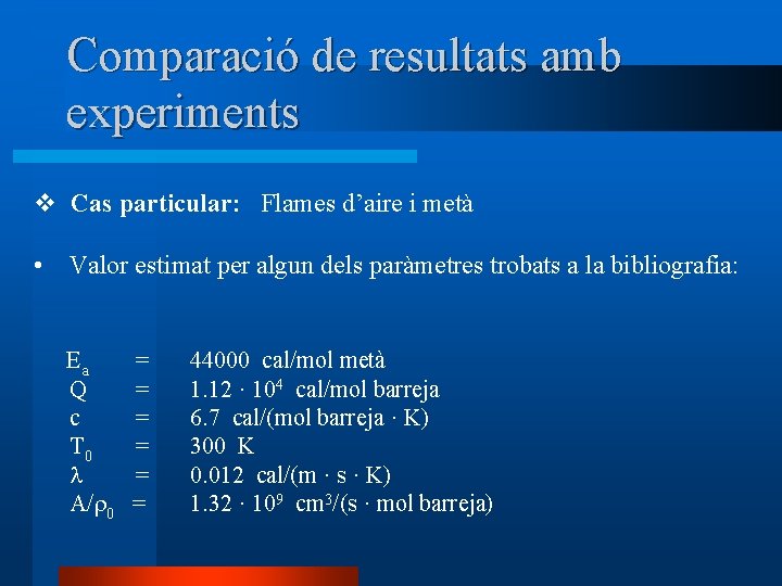 Comparació de resultats amb experiments v Cas particular: Flames d’aire i metà • Valor