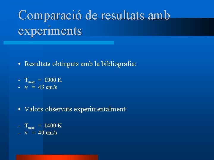 Comparació de resultats amb experiments • Resultats obtinguts amb la bibliografia: - Tmax =