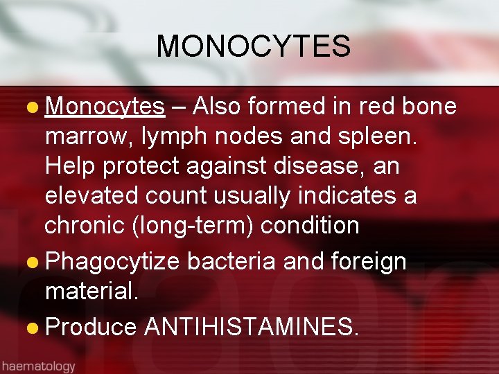 MONOCYTES l Monocytes – Also formed in red bone marrow, lymph nodes and spleen.