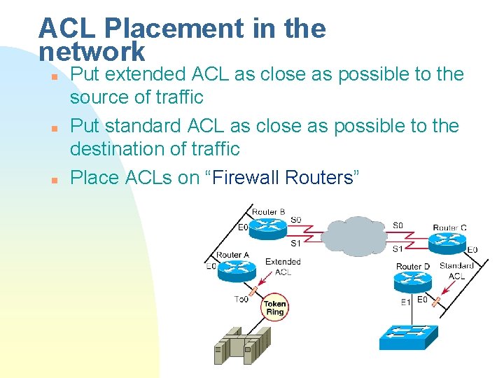 ACL Placement in the network n n n Put extended ACL as close as