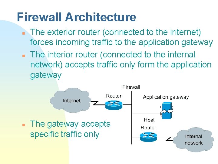 Firewall Architecture n n n The exterior router (connected to the internet) forces incoming