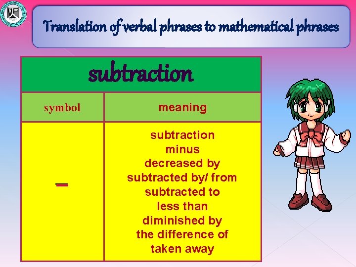 Translation of verbal phrases to mathematical phrases subtraction symbol meaning subtraction minus decreased by