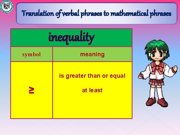 Translation of verbal phrases to mathematical phrases inequality symbol meaning is greater than or