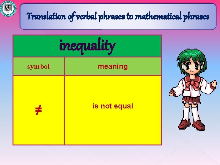Translation of verbal phrases to mathematical phrases inequality symbol meaning ≠ is not equal