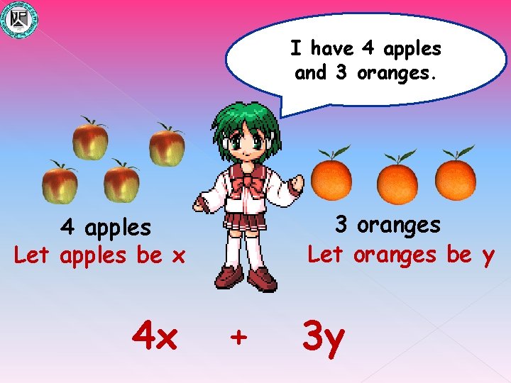 I have 4 apples and 3 oranges Let oranges be y 4 apples Let