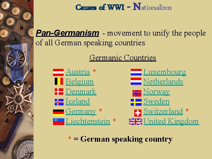 Causes of WWI - Nationalism Pan-Germanism - movement to unify the people of all