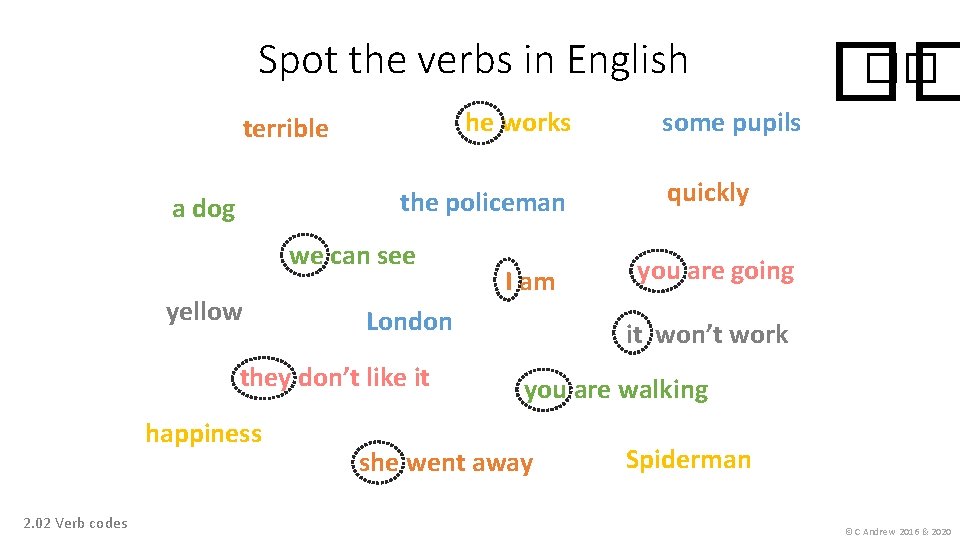 Spot the verbs in English he works terrible the policeman a dog we can