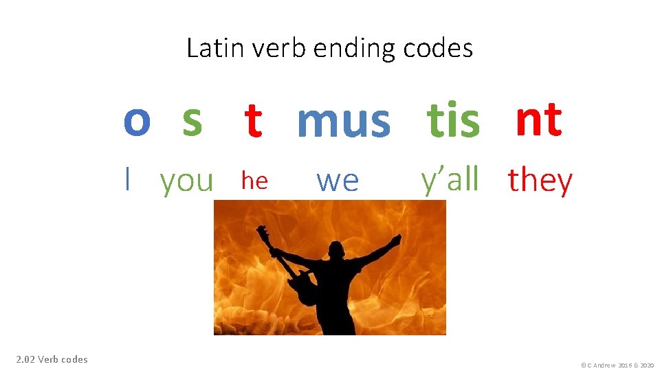 Latin verb ending codes o s t mus tis nt I you 2. 02