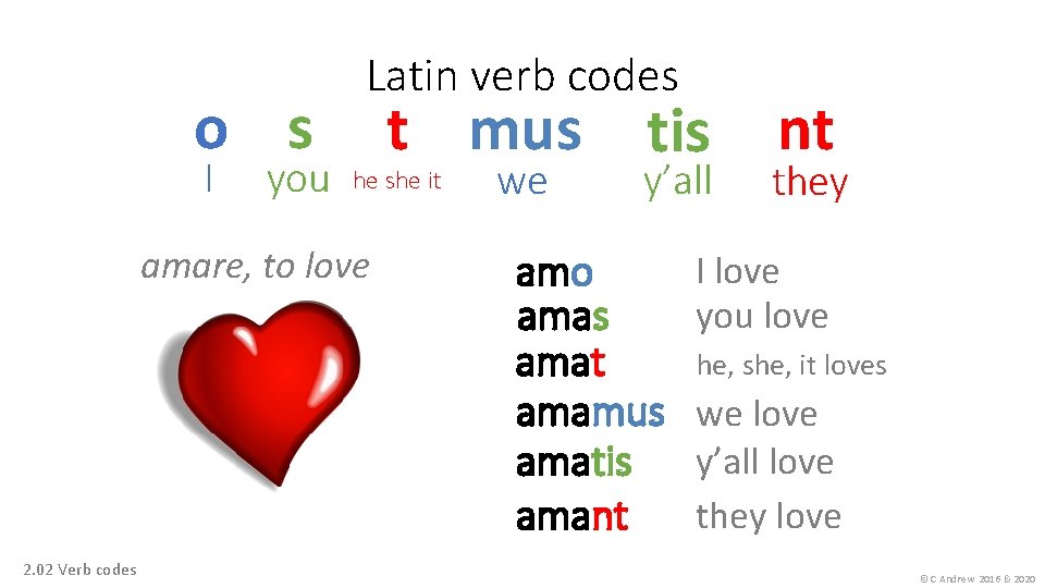 o s I you Latin verb codes he she it amare, to love 2.