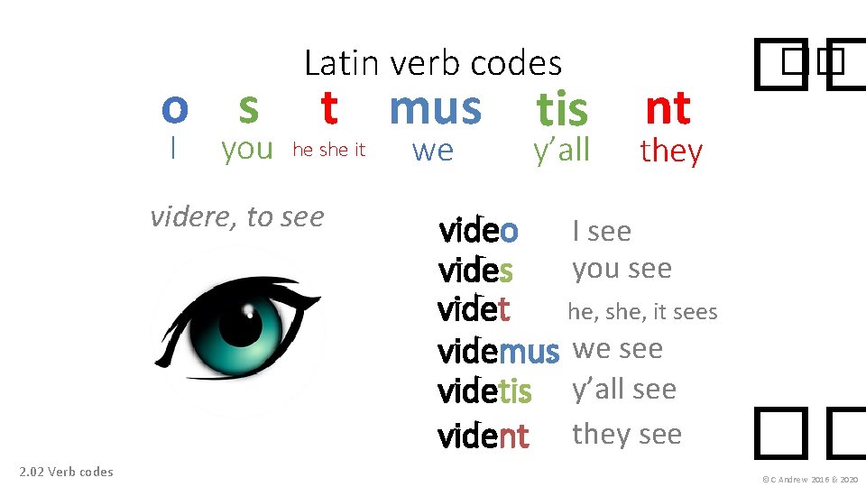 o s I you Latin verb codes t mus tis he she it videre,