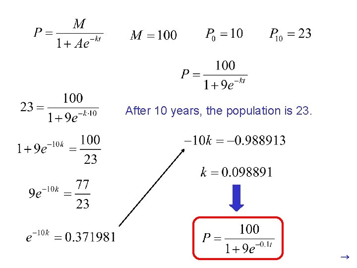 After 10 years, the population is 23. 