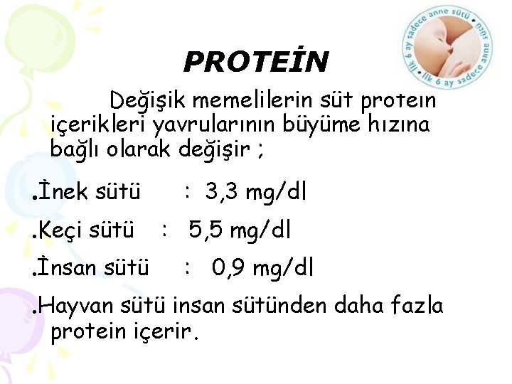 PROTEİN Değişik memelilerin süt protein içerikleri yavrularının büyüme hızına bağlı olarak değişir ; .