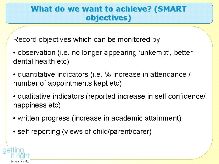 What do we want to achieve? (SMART objectives) Record objectives which can be monitored