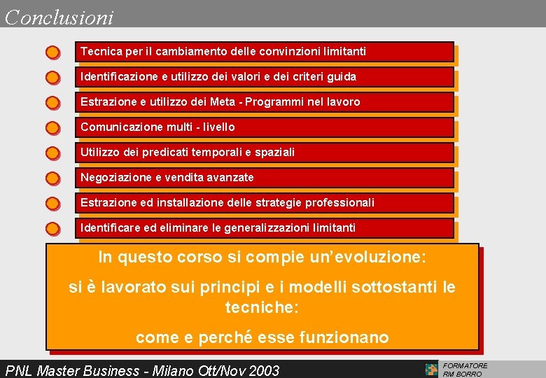 Conclusioni Tecnica per il cambiamento delle convinzioni limitanti Identificazione e utilizzo dei valori e