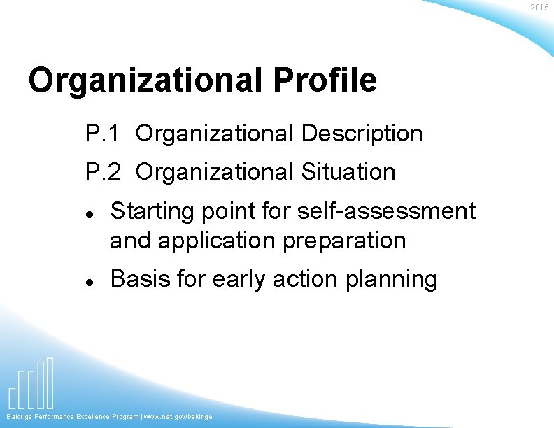 2015 Organizational Profile P. 1 Organizational Description P. 2 Organizational Situation l l Starting