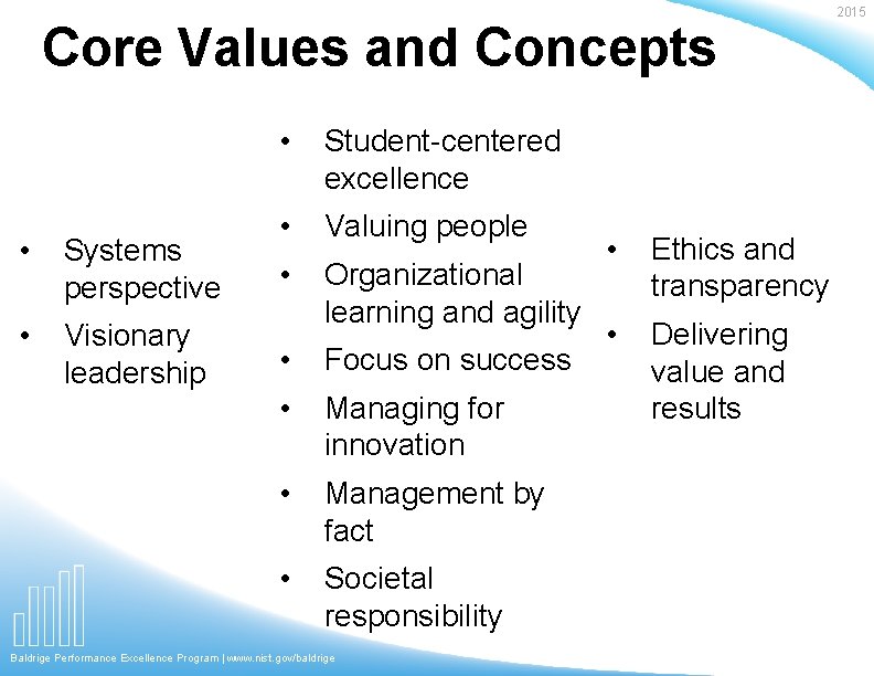 Core Values and Concepts • Systems perspective • Visionary leadership • Student-centered excellence •