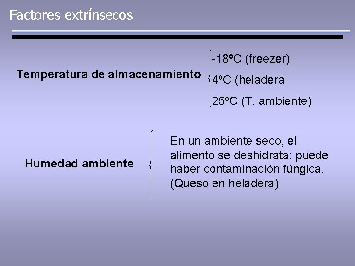 Factores extrínsecos -18ºC (freezer) Temperatura de almacenamiento 4ºC (heladera 25ºC (T. ambiente) Humedad ambiente