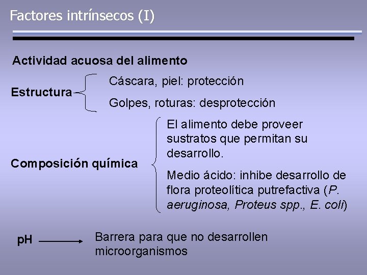 Factores intrínsecos (I) Actividad acuosa del alimento Estructura Cáscara, piel: protección Golpes, roturas: desprotección
