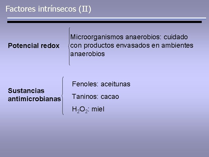 Factores intrínsecos (II) Potencial redox Sustancias antimicrobianas Microorganismos anaerobios: cuidado con productos envasados en