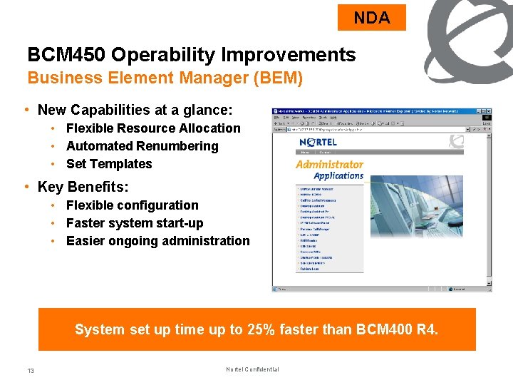 NDA BCM 450 Operability Improvements Business Element Manager (BEM) • New Capabilities at a