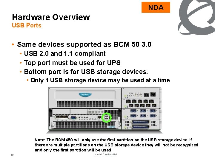 NDA Hardware Overview USB Ports • Same devices supported as BCM 50 3. 0