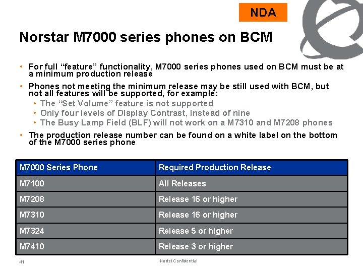 NDA Norstar M 7000 series phones on BCM • For full “feature” functionality, M