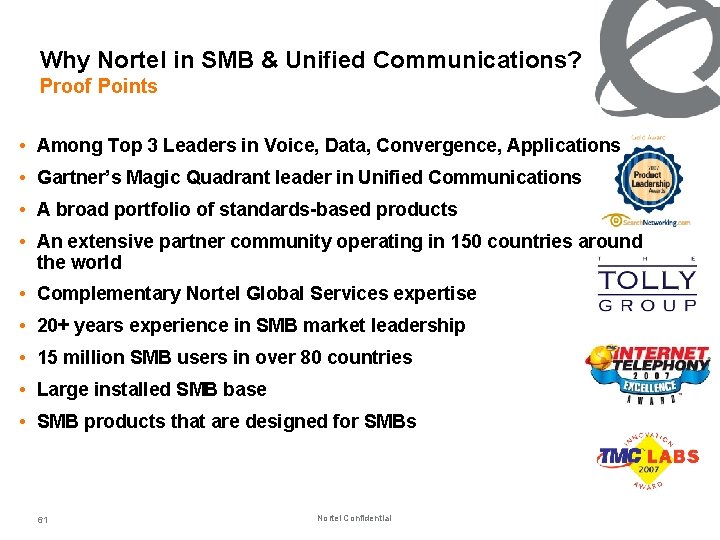 Why Nortel in SMB & Unified Communications? Proof Points • Among Top 3 Leaders