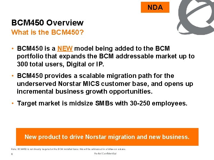 NDA BCM 450 Overview What is the BCM 450? • BCM 450 is a