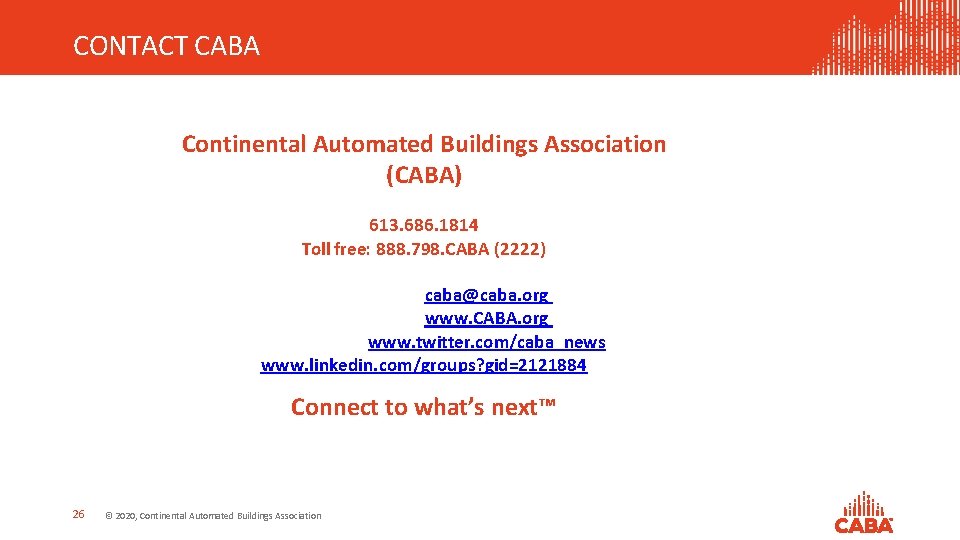 CONTACT CABA Continental Automated Buildings Association (CABA) 613. 686. 1814 Toll free: 888. 798.