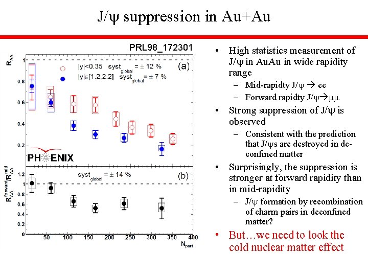 J/ suppression in Au+Au PRL 98_172301 • High statistics measurement of J/ in Au.