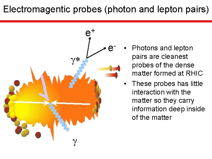 Electromagentic probes (photon and lepton pairs) e+ * e- • Photons and lepton pairs