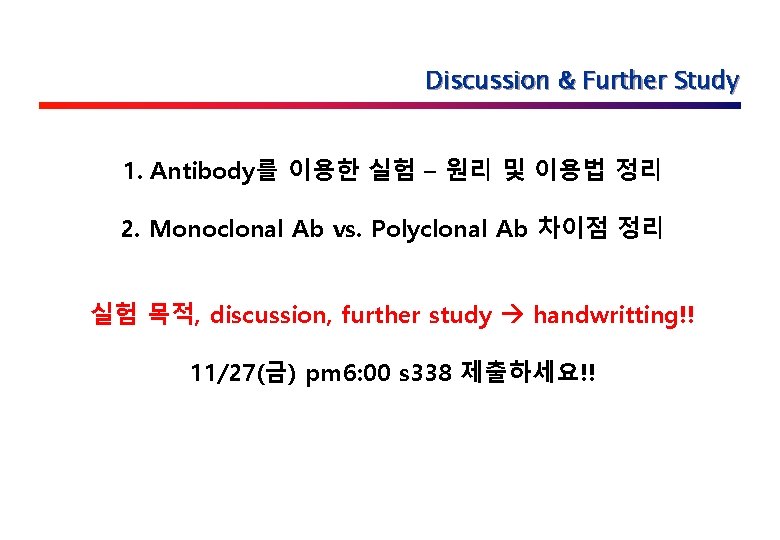 Discussion & Further Study 1. Antibody를 이용한 실험 – 원리 및 이용법 정리 2.
