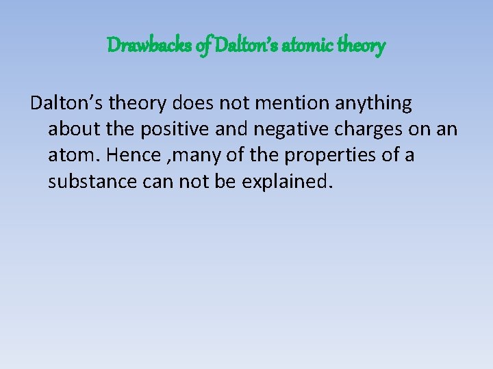 Drawbacks of Dalton’s atomic theory Dalton’s theory does not mention anything about the positive